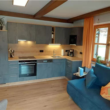 A modern kitchen with blue cabinets and wood accents. The adjoining living area is bright and comfortably furnished.