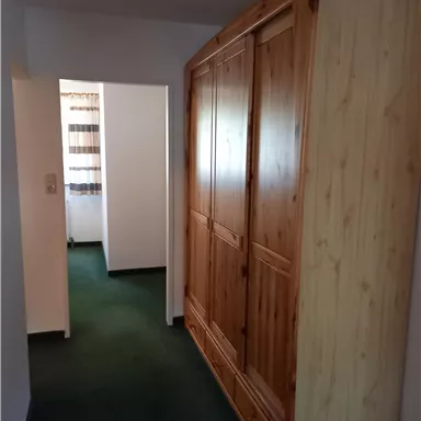 A hallway with a large wooden wardrobe on the wall. The floor is green and there is an open door leading into another room.