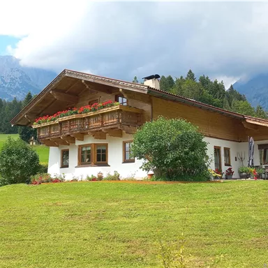 A beautiful house with a large garden in the Alps. In the background, there are majestic mountains and a cloudy sky.