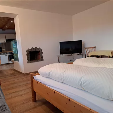 A cozy room with a double bed, a television, and a dining table. The modern kitchen is well-equipped and creates an inviting atmosphere.