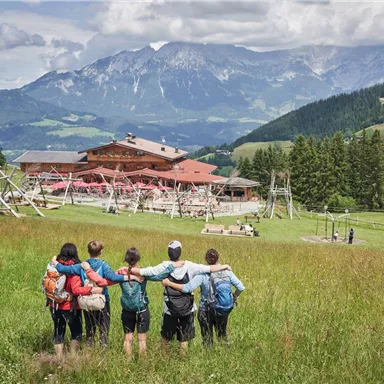A group of five people stands in a green meadow and looks at a picturesque mountain panorama. In the background, a cozy wooden house and playgrounds can be seen.