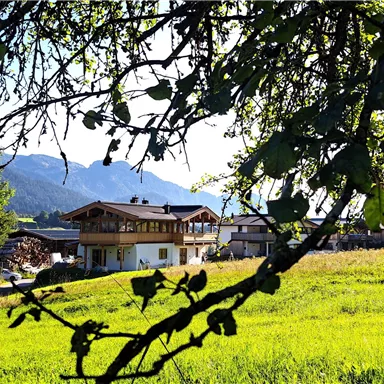 An idyllic landscape with a traditional house and green meadows. In the background, gentle hills and trees are visible.
