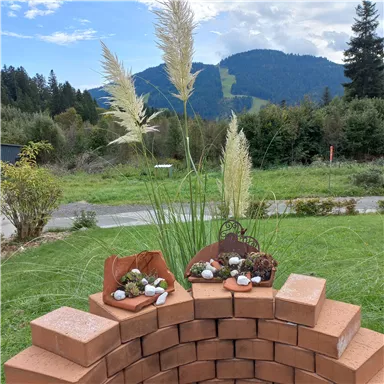 A decorative stone wall with pampas grass and cheerful decor in the foreground. In the background, green hills and a blue sky can be seen.