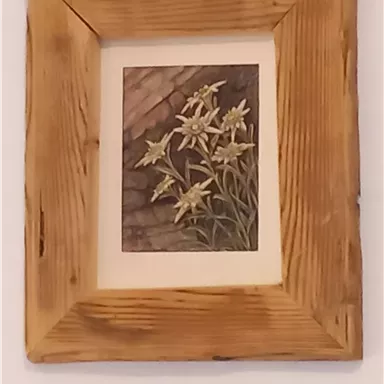A framed picture of white flowers against a gray background. The frame is made of light, untreated wood.