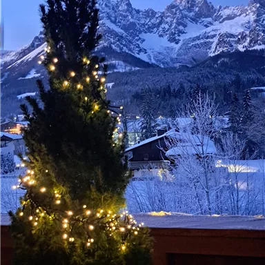 A festively decorated Christmas tree with lights stands in front of snow-covered mountains. The sky is tinted in a gentle blue, and the landscape radiates winter magic.