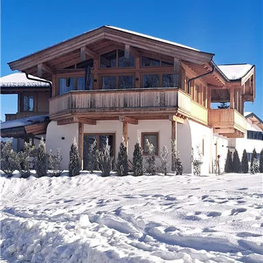 A large wooden house in the snow with a clear blue sky. The path in front of the house is covered with fresh snow.