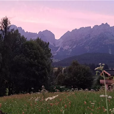 A picturesque mountain landscape with majestic peaks and gentle meadows. In the foreground, there are trees and a typical chalet.