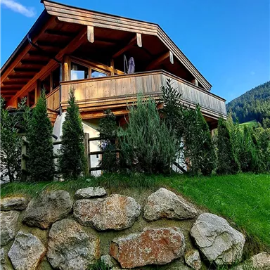 A beautiful house with wood cladding and a balcony.  
Surrounded by green meadows and trees under a blue sky.  