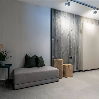 Ein moderner Eingangsbereich mit einem grauen Sofa und zwei Kissen. An der Wand befindet sich eine Holztäfelung und ein begehbarer Schrank.