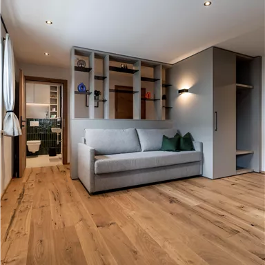 Ein modernes Wohnzimmer mit einem grauen Sofa und einem Holzfußboden. Im Hintergrund sind Regale und ein Zugang zu einem Badezimmer sichtbar.