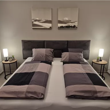 A modern bedroom with two separate beds. The walls are bright, and there are nightstands with lamps.