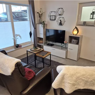 A cozy living room with a leather sofa, a reclining chair, and a television. The room is bright and modernly furnished, with plants and decorative elements.