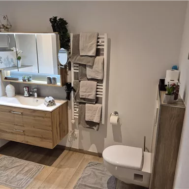 A modern bathroom with a bright wooden cabinet and a large mirror. Towels are neatly hung on a towel rack, and the floor is equipped with cozy rugs.