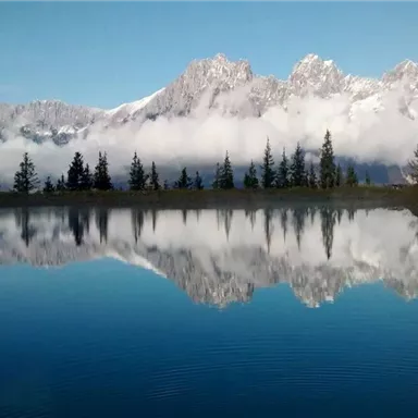 Ein klarer See spiegelt majestätische Berge und einen blauen Himmel wider. Umgeben von grünen Bäumen und leichtem Nebel.