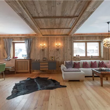 Ein modernes Wohnzimmer mit Holzwänden und einem warmen, einladenden Ambiente. Gemütliche Möbel und ein schöner Teppich schaffen eine entspannte Atmosphäre.