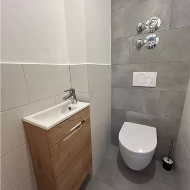 A modern bathroom with a small sink and a wall-mounted toilet. The walls are painted in neutral shades of gray, and there is a wooden cabinet for storage.