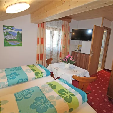 A cozy room with two beds and colorful bedspreads. There is a table with flowers and a television in the corner.