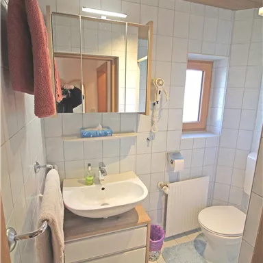 A small, bright bathroom with white tiles and a wooden ceiling. It contains a sink, a toilet, and a large mirror.
