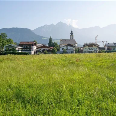 Eine weitläufige grüne Wiese mit einem Blick auf ein kleines Dorf. Im Hintergrund sind Berge und ein Kirchturm zu sehen.