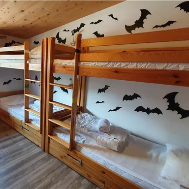 A cozy sleeping room with wooden bunk beds. The walls are decorated with flying bats.