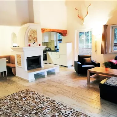 Ein modernes Wohnzimmer mit einem Kamin und bequemen Sofas. Der Raum hat große Fenster und viel Tageslicht.