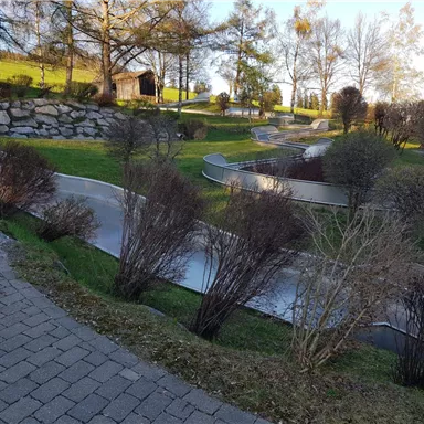 Ein schöner Park mit sanft geschwungenen Wegen und bepflanzten Bereichen. Die Bäume und Sträucher verleihen der Landschaft eine ruhige Atmosphäre.
