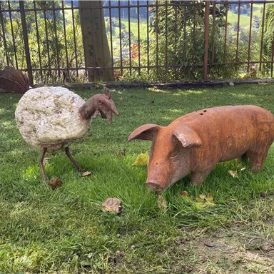 Eine metallische Skulptur eines Schweins steht auf dem Gras neben einer kreativen Gestaltung eines Huhns. Beide Figuren sind rustikal und verleihen dem Garten eine charmante Atmosphäre.