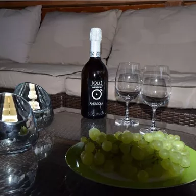 Eine stilvolle Abdeckung mit einem Flasche Sekt, zwei Gläsern und einer grünen Traube auf einem Teller. Im Hintergrund sind bequeme Kissen auf einer Couch zu sehen.