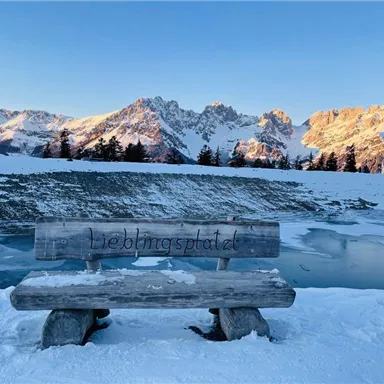Eine schöne Holzbank steht im Schnee mit der Gravur "Lieblingsplatz". Im Hintergrund sind majestätische Berge und ein klarer blauer Himmel zu sehen.