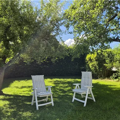 Two white lounge chairs are in a green garden. Surrounded by trees and a radiant sky, the scene appears inviting and relaxed.