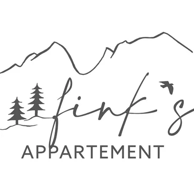 A stylized logo with mountains, fir trees, and a bird. The text shows "Fink's Apartment".