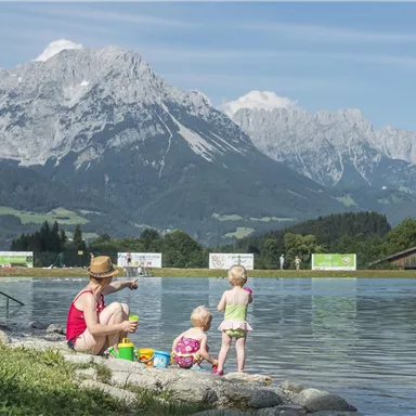 A mother sits by the shore of a lake with her two children. In the background, majestic mountains and a clear blue sky are visible.