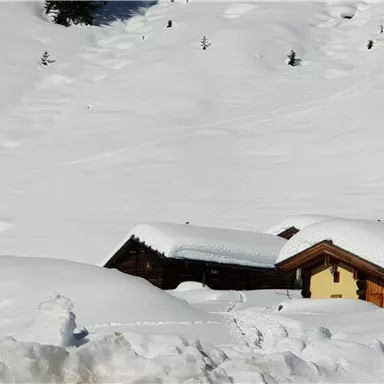 Eine rustikale Hütte liegt in einer verschneiten Landschaft. Der Schnee bedeckt die Umgebung und der Himmel ist klar.