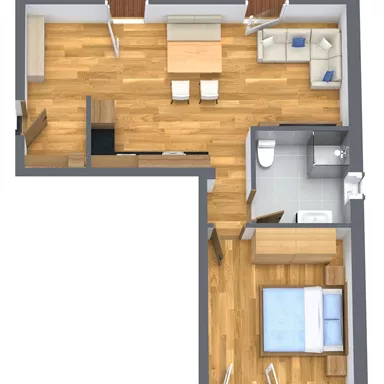 A colored floor plan drawing of an apartment that shows various rooms. The layout includes a bedroom, a bathroom, and a living area with a table and chairs.