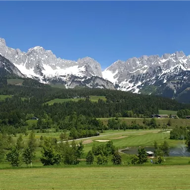 An impressive mountain landscape with snow-capped peaks and green meadows. The sky is clear and blue, creating a peaceful atmosphere.