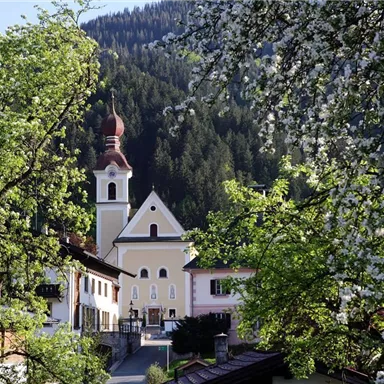 Eine idyllische Landschaft mit blühenden Bäumen und einem kleinen Dorf. Im Hintergrund erhebt sich ein malerischer Berg.