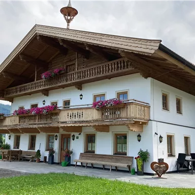 A traditional wooden house with a balcony and colorful flower boxes. Surrounded by green countryside and mountains.
