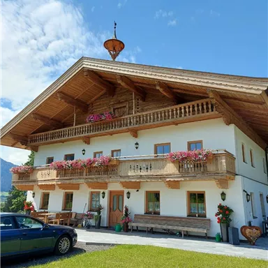 A traditional mountain house with wooden balustrades and blooming flower boxes. The sky is blue and the surroundings are green.