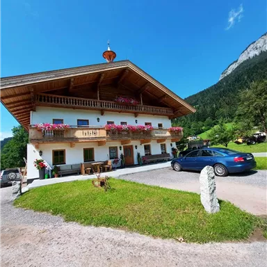 A traditional house in the mountains with a beautiful balcony and flowers. A blue car is parked in the driveway in front of the building.