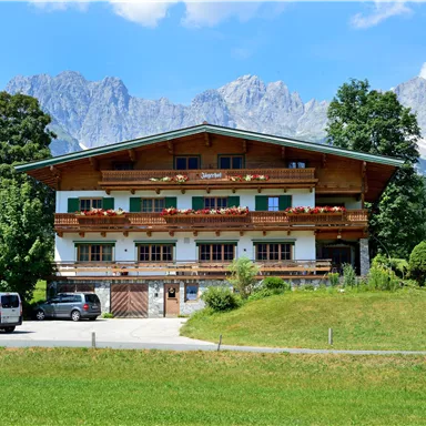 A family-friendly alpine house with flower balconies in a green meadow. In the background, the impressive mountains are visible.