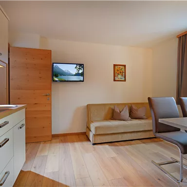 A modern living space with a kitchenette and a cozy sofa. A television is mounted on the wall, and large windows provide plenty of natural light.