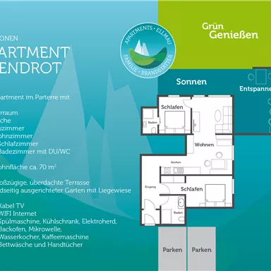 An apartment with space for 4 people, equipped with a living room, dining room, kitchen, and two bedrooms. The apartment features a large terrace and a garden area.