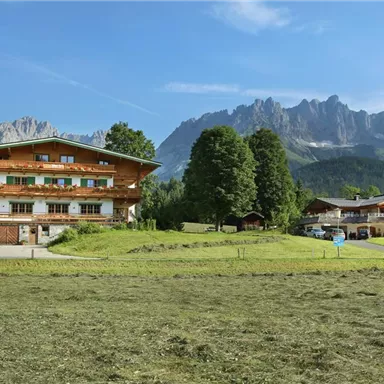 A picturesque alpine house in a green meadow, surrounded by mountains. The sky is clear and blue sky visible.