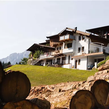 A modern house on a hill, surrounded by a green meadow and mountains in the background. In the foreground, there are wooden logs.