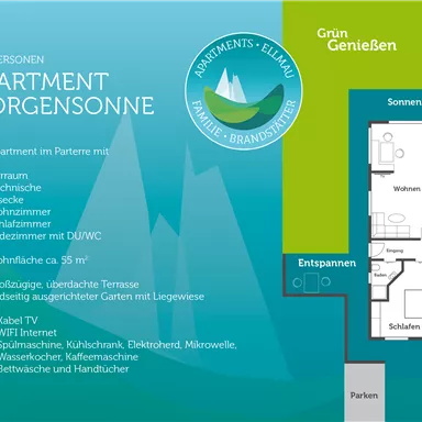 The graphic shows the floor plan of the apartment Morgensonne, which is suitable for 2 to 3 persons. It contains various rooms such as living room, bedroom, and a large terrace.