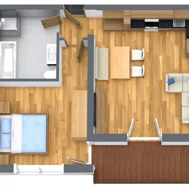 A modern apartment with an open living area, a kitchen, and a bedroom. The decor is bright and inviting, with wooden flooring and simple furnishings.