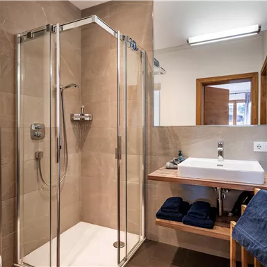 Ein modernes Bad mit einer gläsernen Dusche und einem stilvollen Waschbecken. Handtücher sind ordentlich auf einem Holzregal platziert.