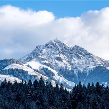 Ein majestätischer Berg mit schneebedecktem Gipfel und grünen Wäldern im Vordergrund. Der Himmel ist klar mit einigen Wolken.