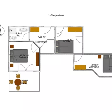 A floor plan of a house with several rooms, including a living room, kitchen, and bedroom. The dimensions of the individual rooms are specified.