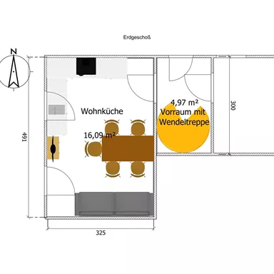 A floor plan of a living space with a living kitchen and a dining area. The foyer with a spiral staircase is highlighted in yellow.